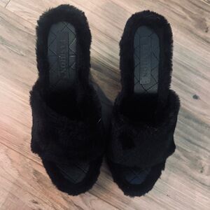 Black Wedge Shoes with Fuzzy Fur Texture